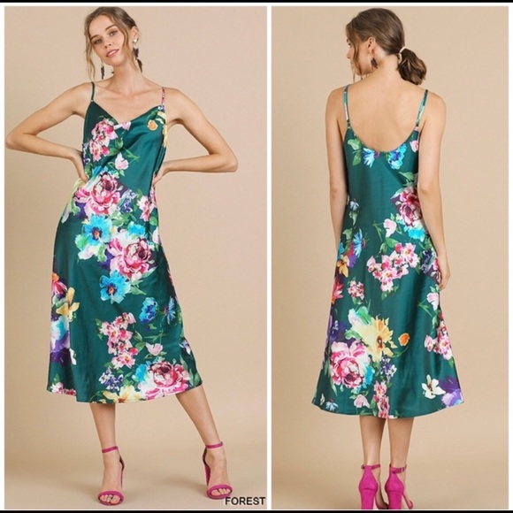 Floral Print Midi Dress Green Pink - Picture 3 of 3